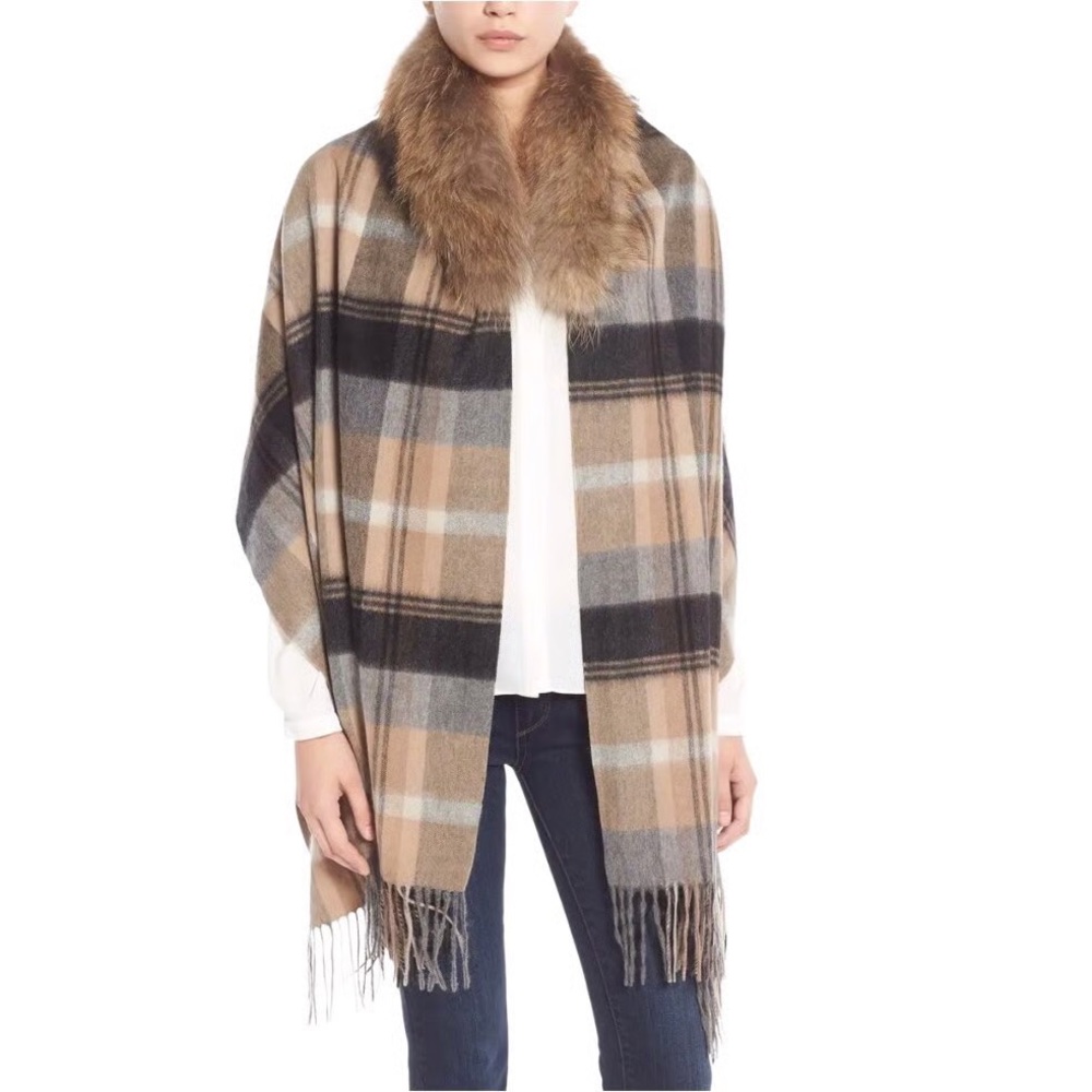 Linda Richards Luxury Cashmere Wool Removable Raccoon Fur Trim Plaid Wrap OS
